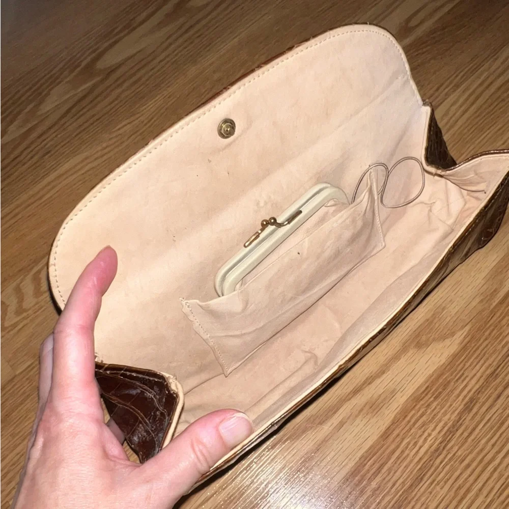 Vintage crocodile & kid leather clutch‎ brown with attached coin purse